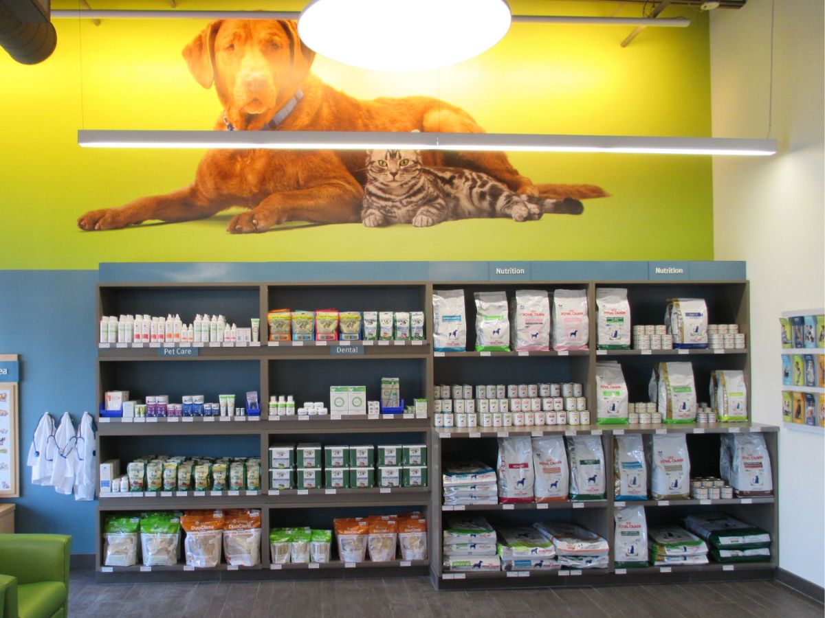 The Banfield Pet Hospital Hollywood pet food and supplies rack