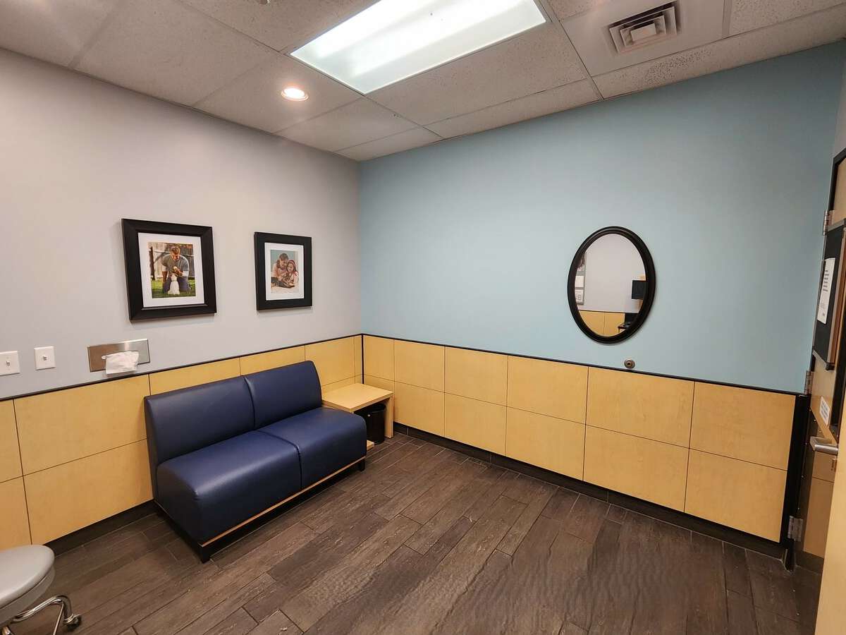 The Roseville Banfield hospital exam room with a bench
