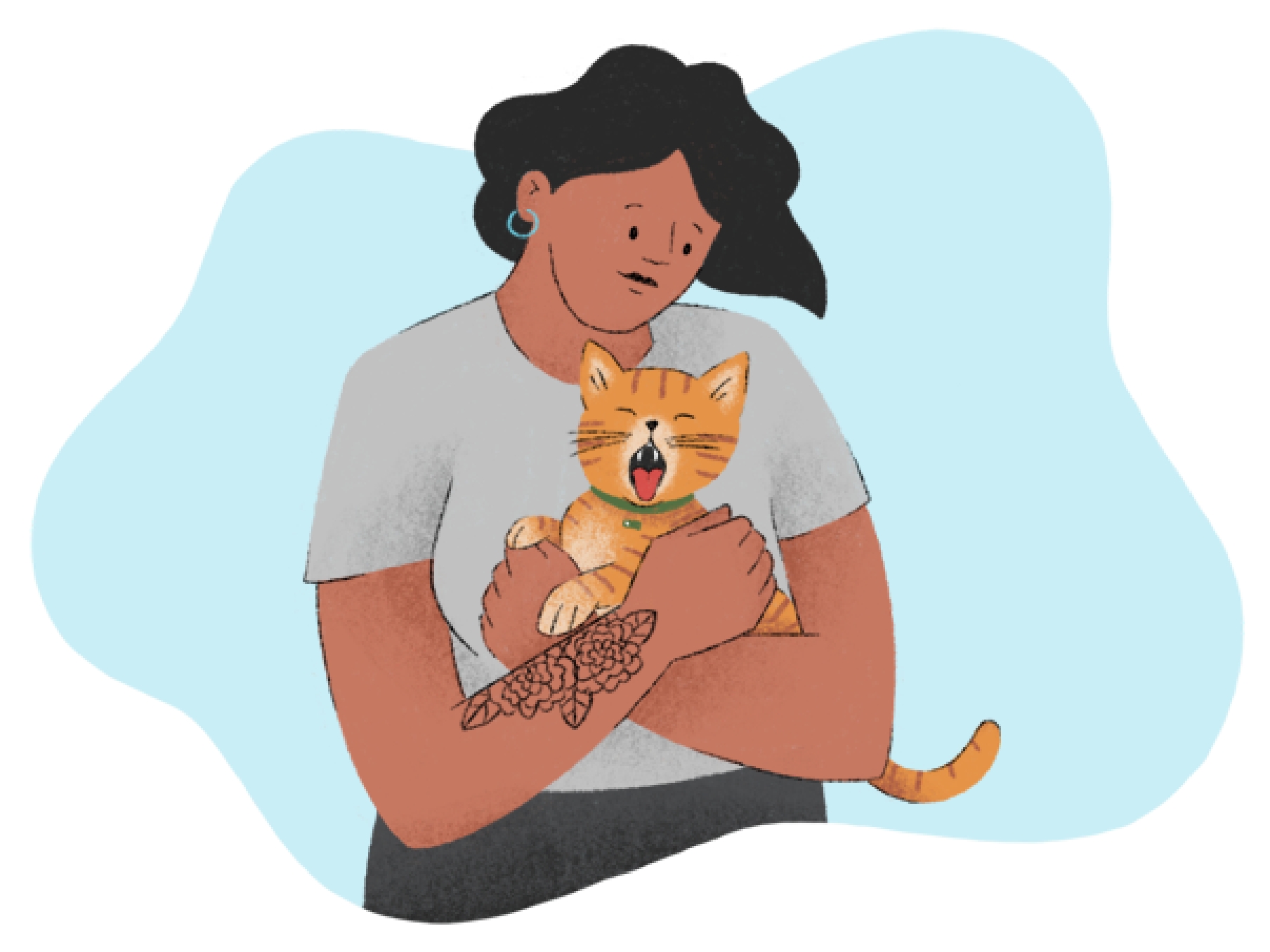 An illustration of a woman holding her yawning cat